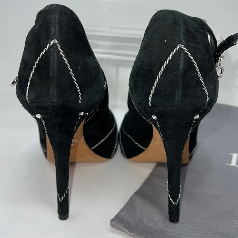 Dior Sz 39.5 Suede Embroidered Folles Peep Toe Pumps Heels